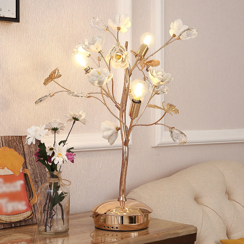 Pastoral Style Floral Ceramic Table Lamp With Decorative Crystal For Living Room Nightstand White /