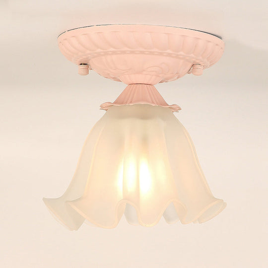 Frost Glass Ruffle Semi Flush Ceiling Light - Single-Bulb Pastoral Bedroom Fixture