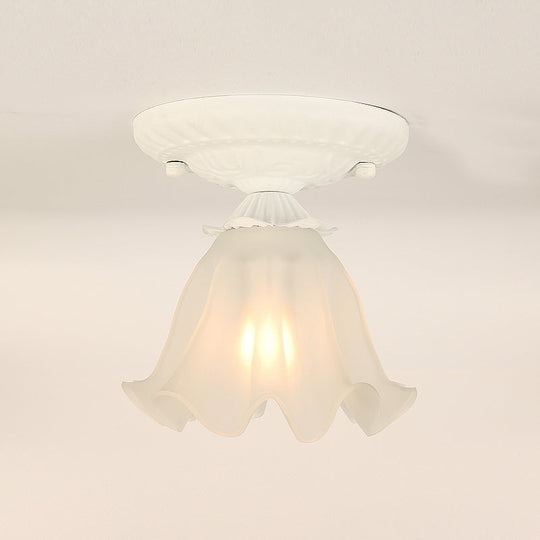 Frost Glass Ruffle Semi Flush Ceiling Light - Single-Bulb Pastoral Bedroom Fixture