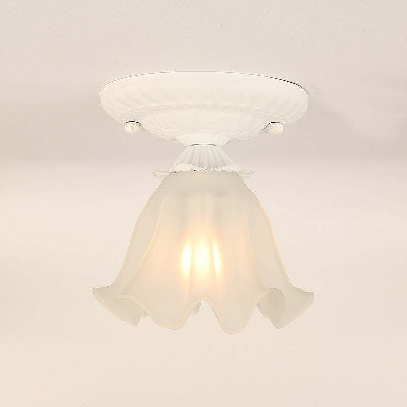 Frost Glass Ruffle Semi Flush Ceiling Light - Single-Bulb Pastoral Bedroom Fixture