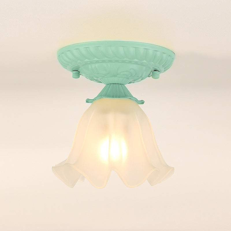 Frost Glass Ruffle Semi Flush Ceiling Light - Single-Bulb Pastoral Bedroom Fixture