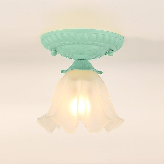 Frost Glass Ruffle Semi Flush Ceiling Light - Single-Bulb Pastoral Bedroom Fixture