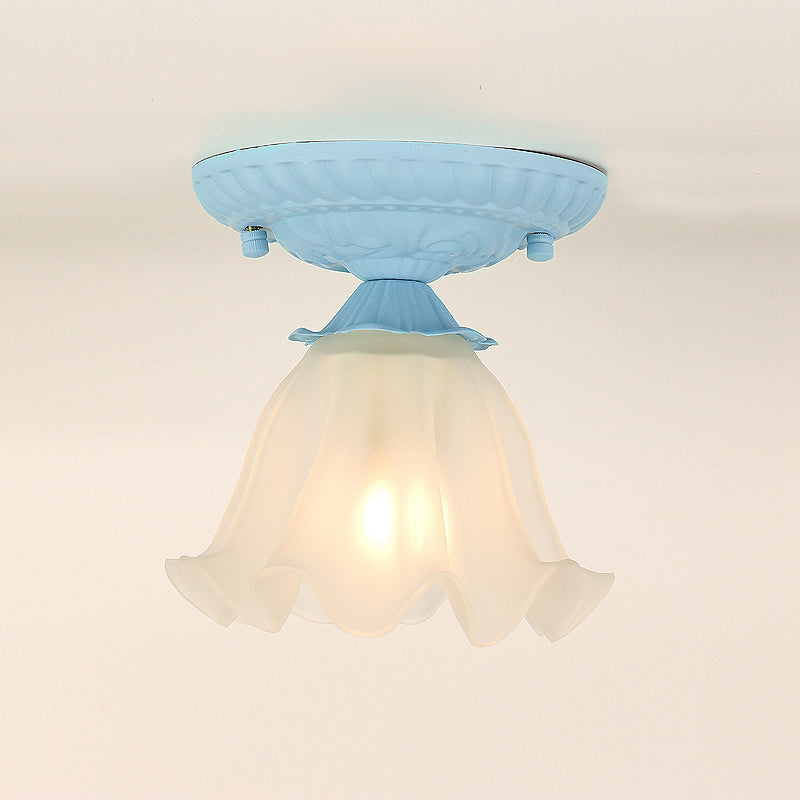 Frost Glass Ruffle Semi Flush Ceiling Light - Single-Bulb Pastoral Bedroom Fixture