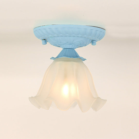 Frost Glass Ruffle Semi Flush Ceiling Light - Single-Bulb Pastoral Bedroom Fixture