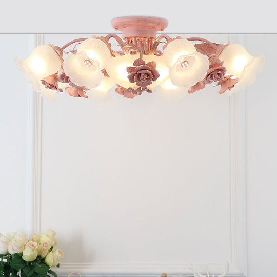 Korean Garden Flower Ceiling Light For Bedroom With Frost Glass Semi-Flush Mount