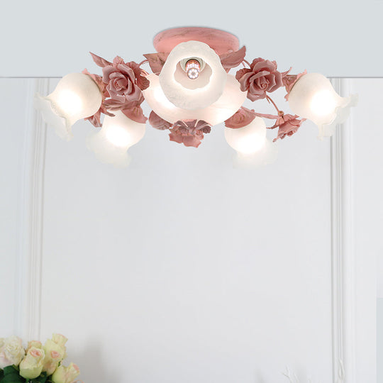 Korean Garden Flower Frost Glass Ceiling Mounted Light for Bedroom