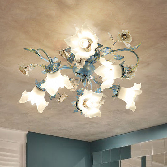 Pastoral Style Blue Flower Cream Glass Flush Mount Light for Bedroom Ceiling