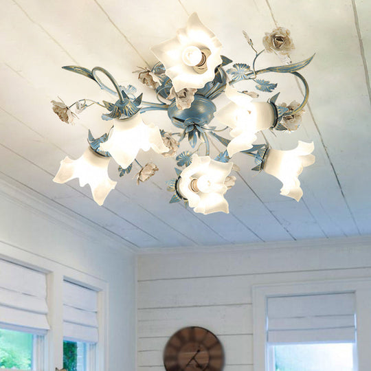 Pastoral Style Blue Flower Cream Glass Flush Mount Light for Bedroom Ceiling