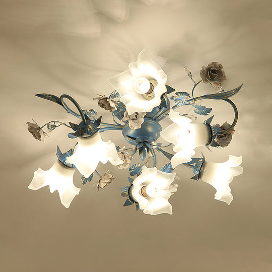 Pastoral Style Blue Flower Cream Glass Flush Mount Light for Bedroom Ceiling