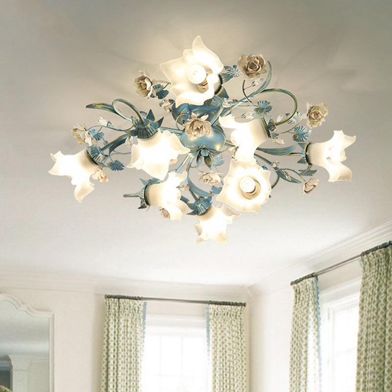 Pastoral Style Blue Flower Cream Glass Flush Mount Light for Bedroom Ceiling