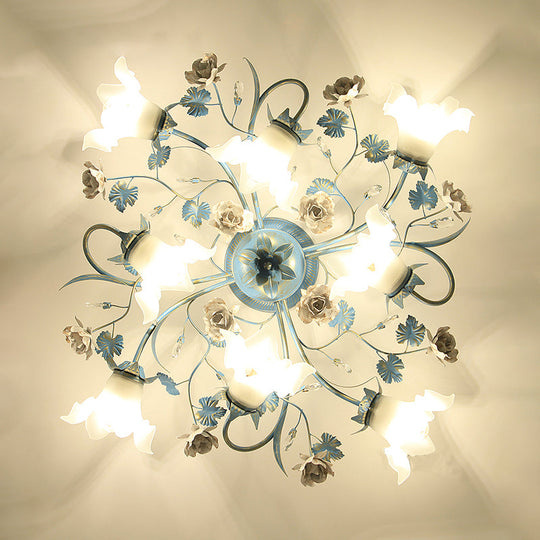 Pastoral Style Blue Flower Cream Glass Flush Mount Light for Bedroom Ceiling