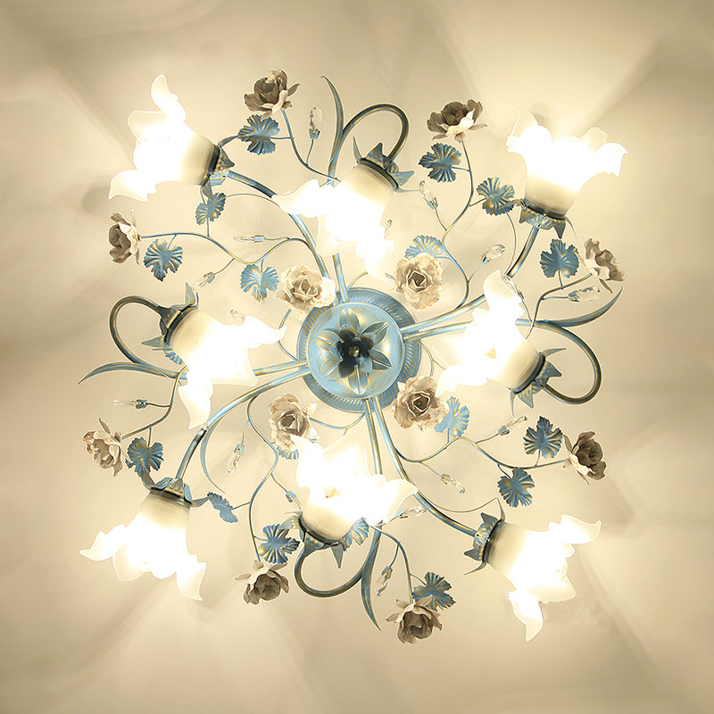 Pastoral Style Blue Flower Cream Glass Flush Mount Light For Bedroom Ceiling