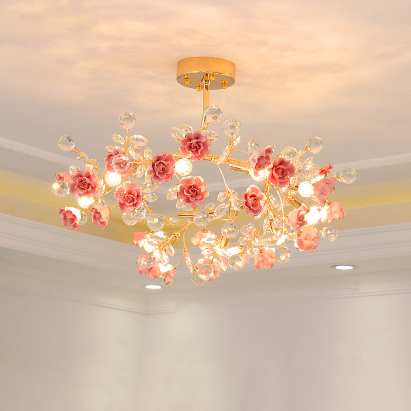 Korean Garden Ceramic Rose Ceiling Light with Crystal Accents