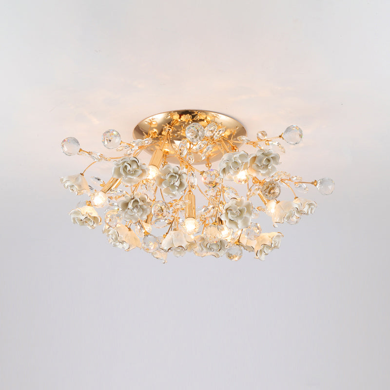 Pastoral Rosebush Ceiling Light: Ceramic Semi Flush Fixture with Crystal Accents