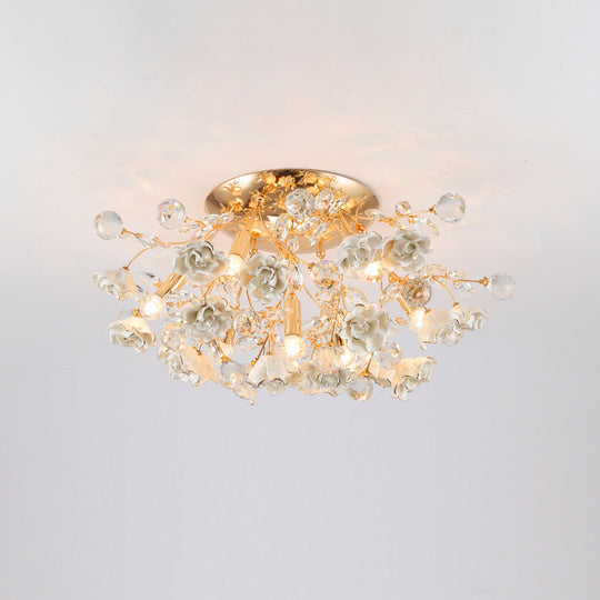 Pastoral Rosebush Ceiling Light: Ceramic Semi Flush Fixture with Crystal Accents