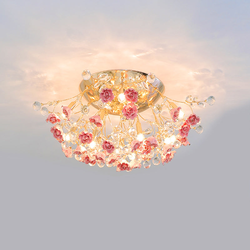 Pastoral Rosebush Ceiling Light: Ceramic Semi Flush Fixture with Crystal Accents