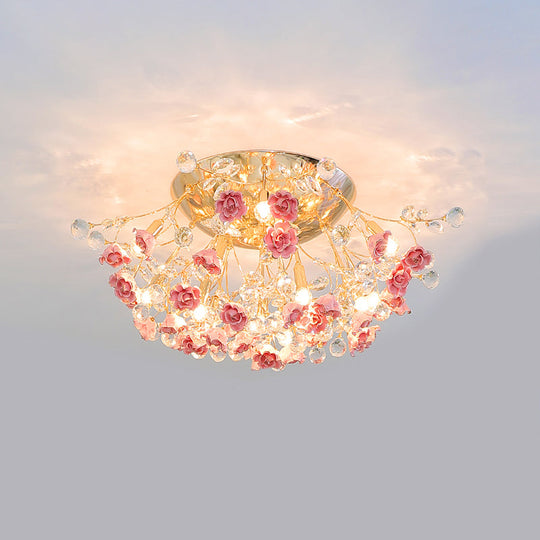 Pastoral Rosebush Ceiling Light: Ceramic Semi Flush Fixture With Crystal Accents 13 / Pink