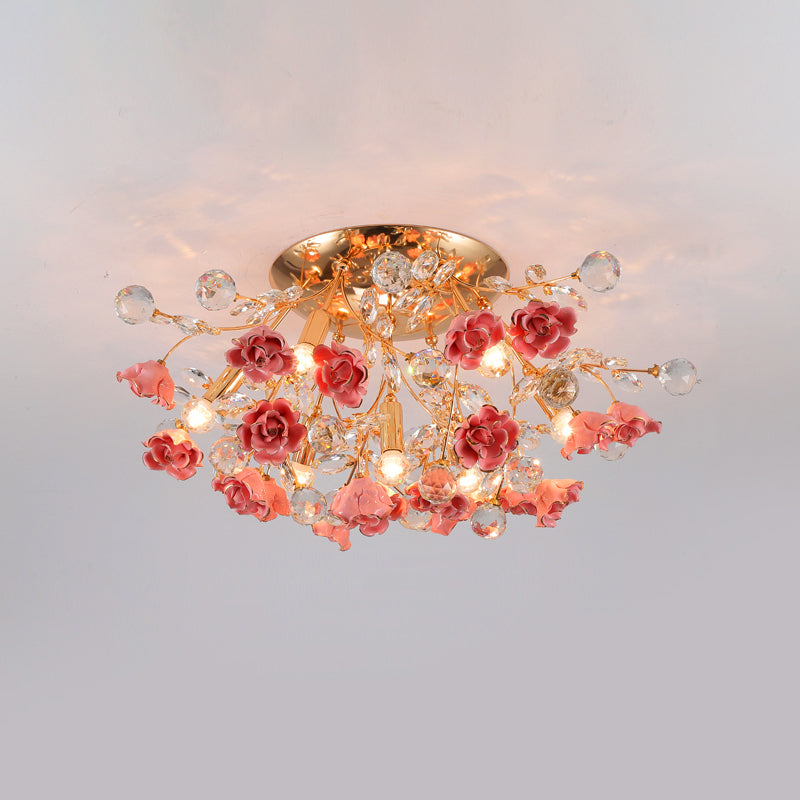 Pastoral Rosebush Ceiling Light: Ceramic Semi Flush Fixture with Crystal Accents