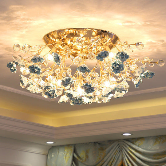 Pastoral Rosebush Ceiling Light: Ceramic Semi Flush Fixture with Crystal Accents