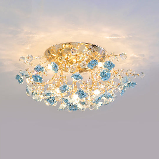 Pastoral Rosebush Ceiling Light: Ceramic Semi Flush Fixture with Crystal Accents