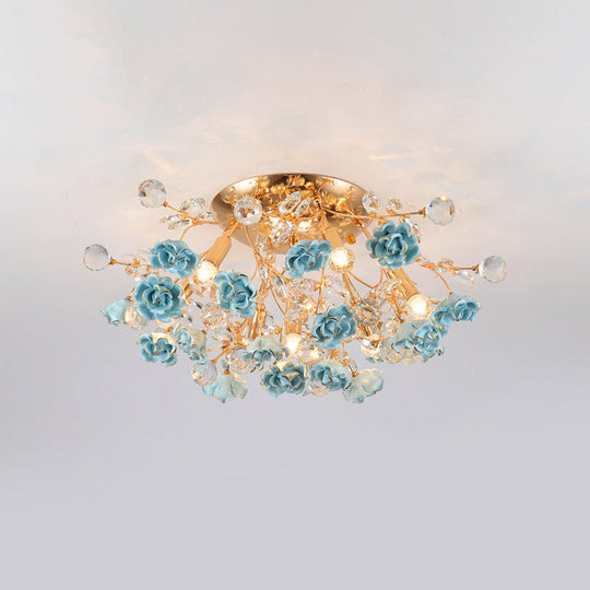 Pastoral Rosebush Ceiling Light: Ceramic Semi Flush Fixture with Crystal Accents