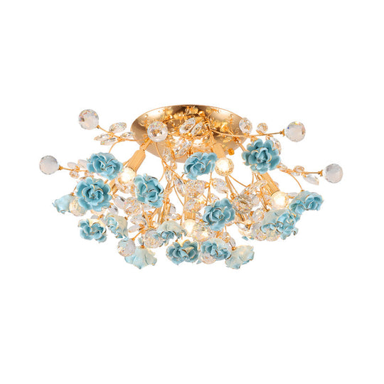 Pastoral Rosebush Ceiling Light: Ceramic Semi Flush Fixture with Crystal Accents