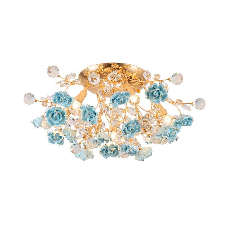 Pastoral Rosebush Ceiling Light: Ceramic Semi Flush Fixture With Crystal Accents