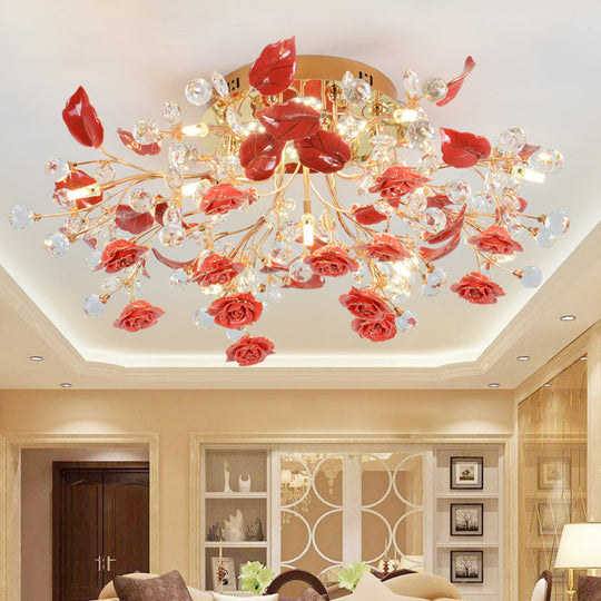 Pastoral Living Room Rose Ceramic Semi-Flush Ceiling Light with Decorative Crystal Accents