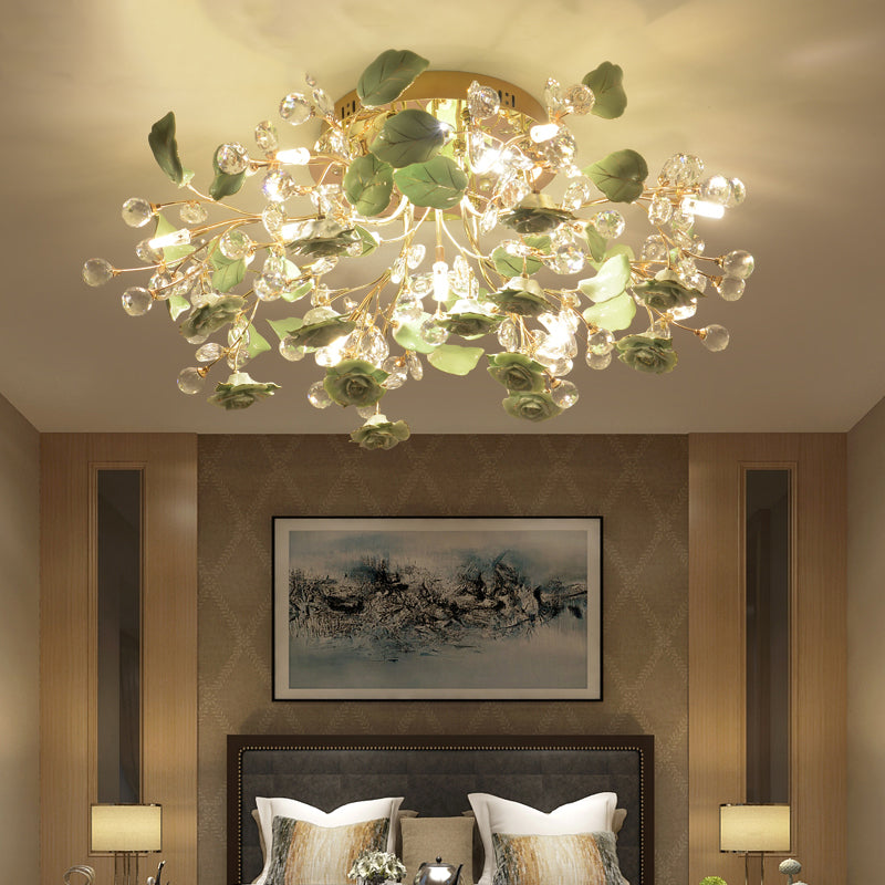 Pastoral Living Room Rose Ceramic Semi-Flush Ceiling Light with Decorative Crystal Accents