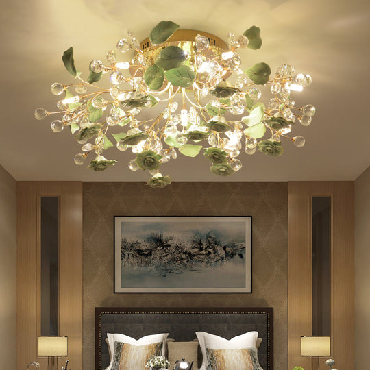 Pastoral Living Room Rose Ceramic Semi-Flush Ceiling Light with Decorative Crystal Accents