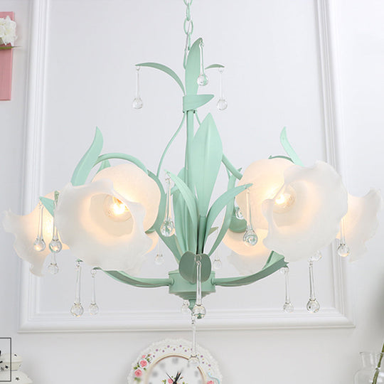 Korean Garden Floral Ceiling Chandelier With Frosted Glass And Droplet Decor For Living Room