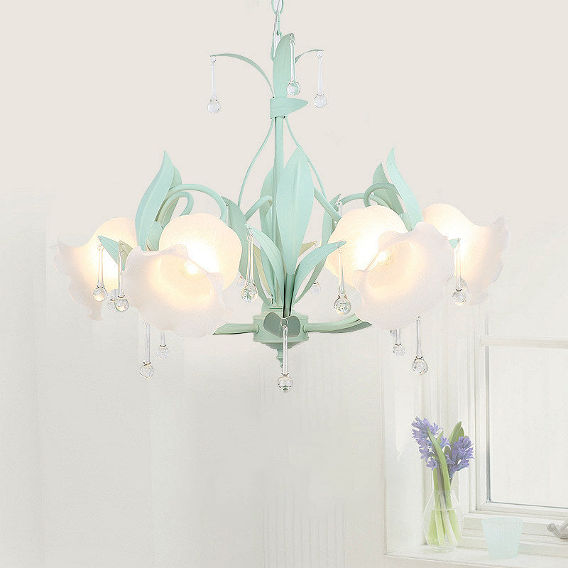 Korean Garden Floral Ceiling Chandelier With Frosted Glass And Droplet Decor For Living Room