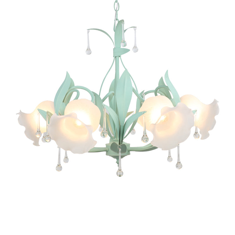 Korean Garden Floral Ceiling Chandelier With Frosted Glass And Droplet Decor For Living Room