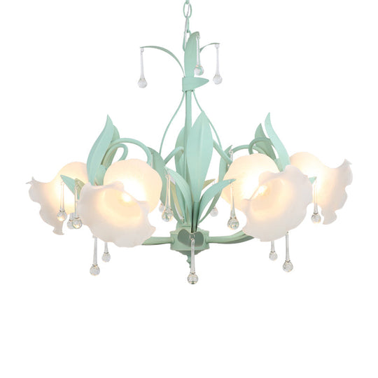 Korean Garden Floral Ceiling Chandelier With Frosted Glass And Droplet Decor For Living Room