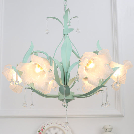 Korean Garden Floral Ceiling Chandelier With Frosted Glass And Droplet Decor For Living Room