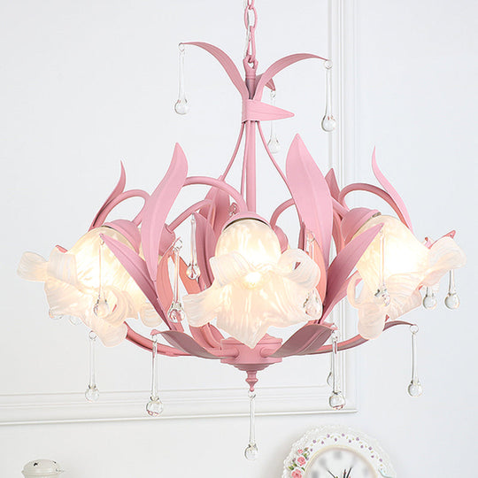 Korean Garden Floral Ceiling Chandelier With Frosted Glass And Droplet Decor For Living Room