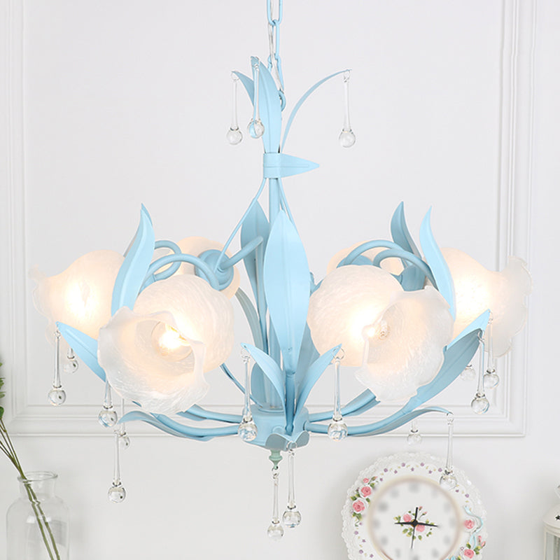 Korean Garden Floral Ceiling Chandelier With Frosted Glass And Droplet Decor For Living Room