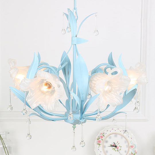 Korean Garden Floral Ceiling Chandelier With Frosted Glass And Droplet Decor For Living Room