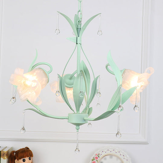 Korean Garden Floral Ceiling Chandelier With Frosted Glass And Droplet Decor For Living Room