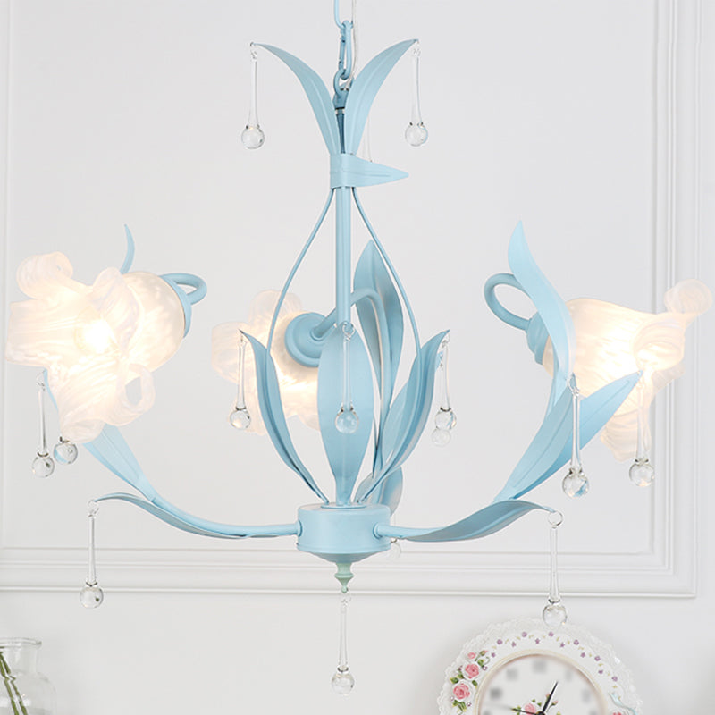 Korean Garden Floral Ceiling Chandelier With Frosted Glass And Droplet Decor For Living Room