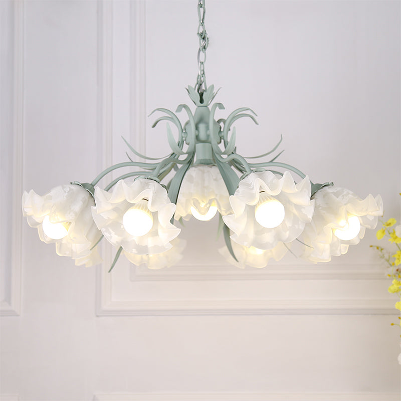 Floral Chandelier Pendant Light Pastoral Style Cream Glass Ideal For Dining Room