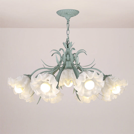 Floral Chandelier Pendant Light Pastoral Style Cream Glass Ideal For Dining Room