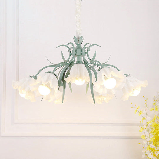 Floral Chandelier Pendant Light Pastoral Style Cream Glass Ideal For Dining Room 7 / Green