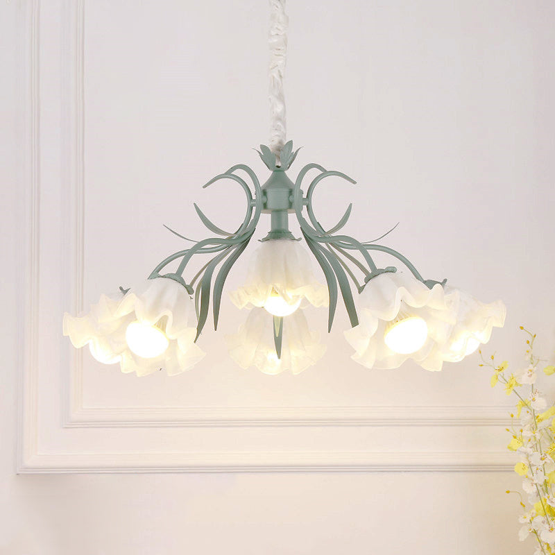 Floral Chandelier Pendant Light Pastoral Style Cream Glass Ideal For Dining Room 6 / Green