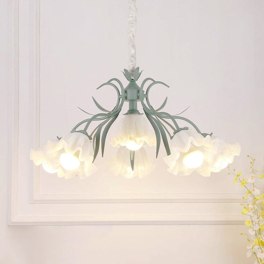 Floral Chandelier Pendant Light Pastoral Style Cream Glass Ideal For Dining Room 6 / Green