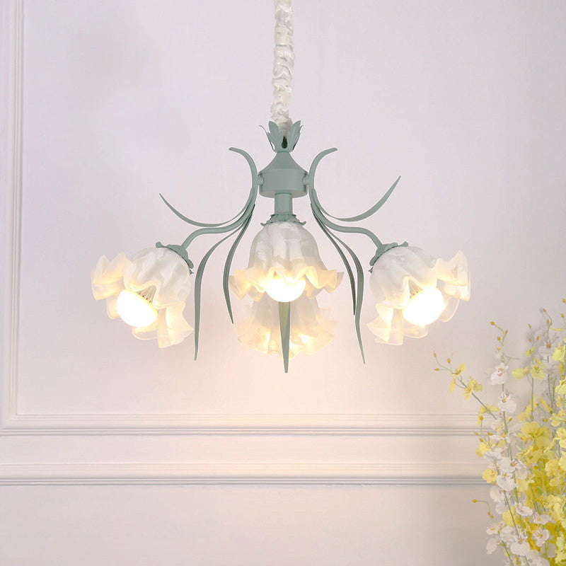 Floral Chandelier Pendant Light Pastoral Style Cream Glass Ideal For Dining Room 4 / Green