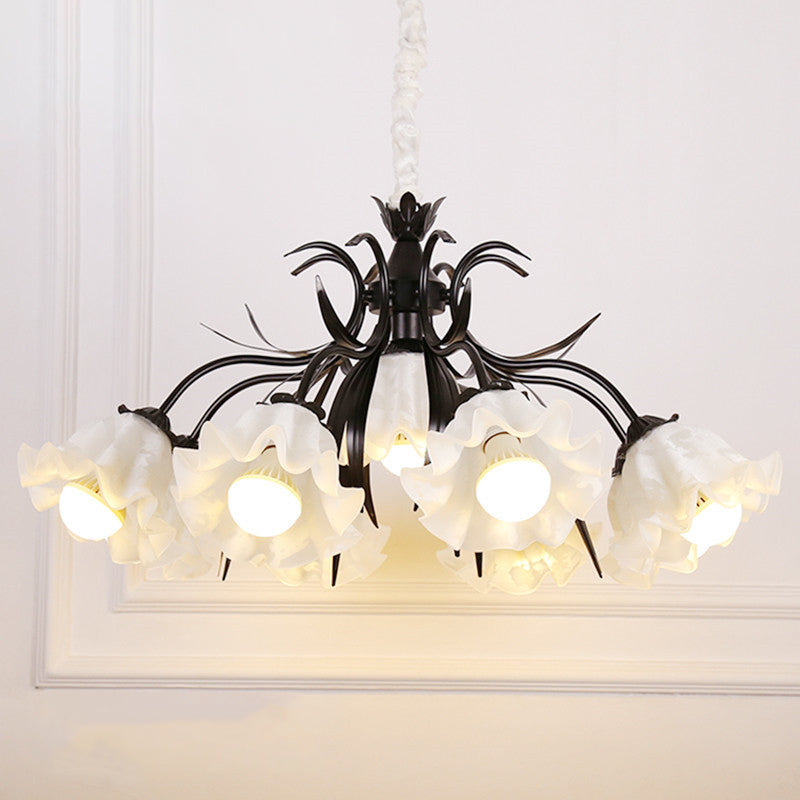 Floral Chandelier Pendant Light Pastoral Style Cream Glass Ideal For Dining Room 9 / Black