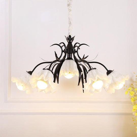 Floral Chandelier Pendant Light Pastoral Style Cream Glass Ideal For Dining Room 7 / Black