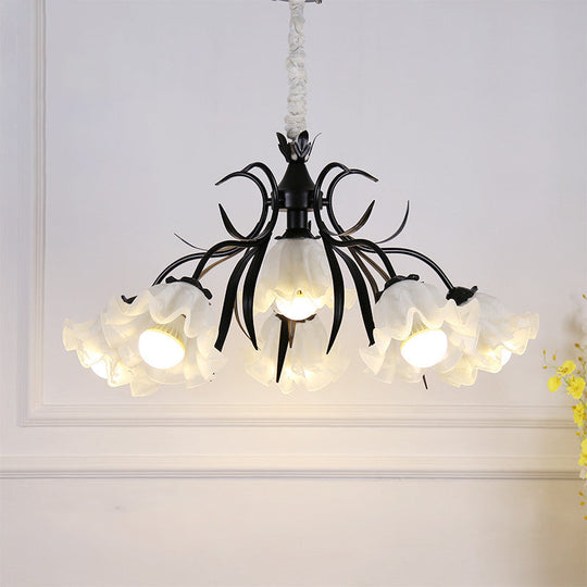 Floral Chandelier Pendant Light Pastoral Style Cream Glass Ideal For Dining Room 6 / Black