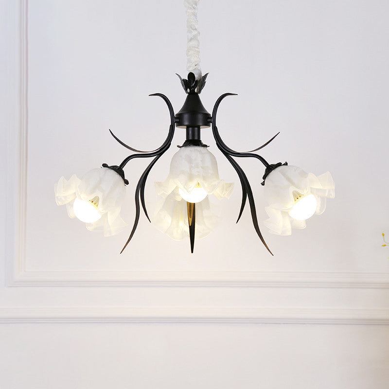 Floral Chandelier Pendant Light Pastoral Style Cream Glass Ideal For Dining Room 4 / Black